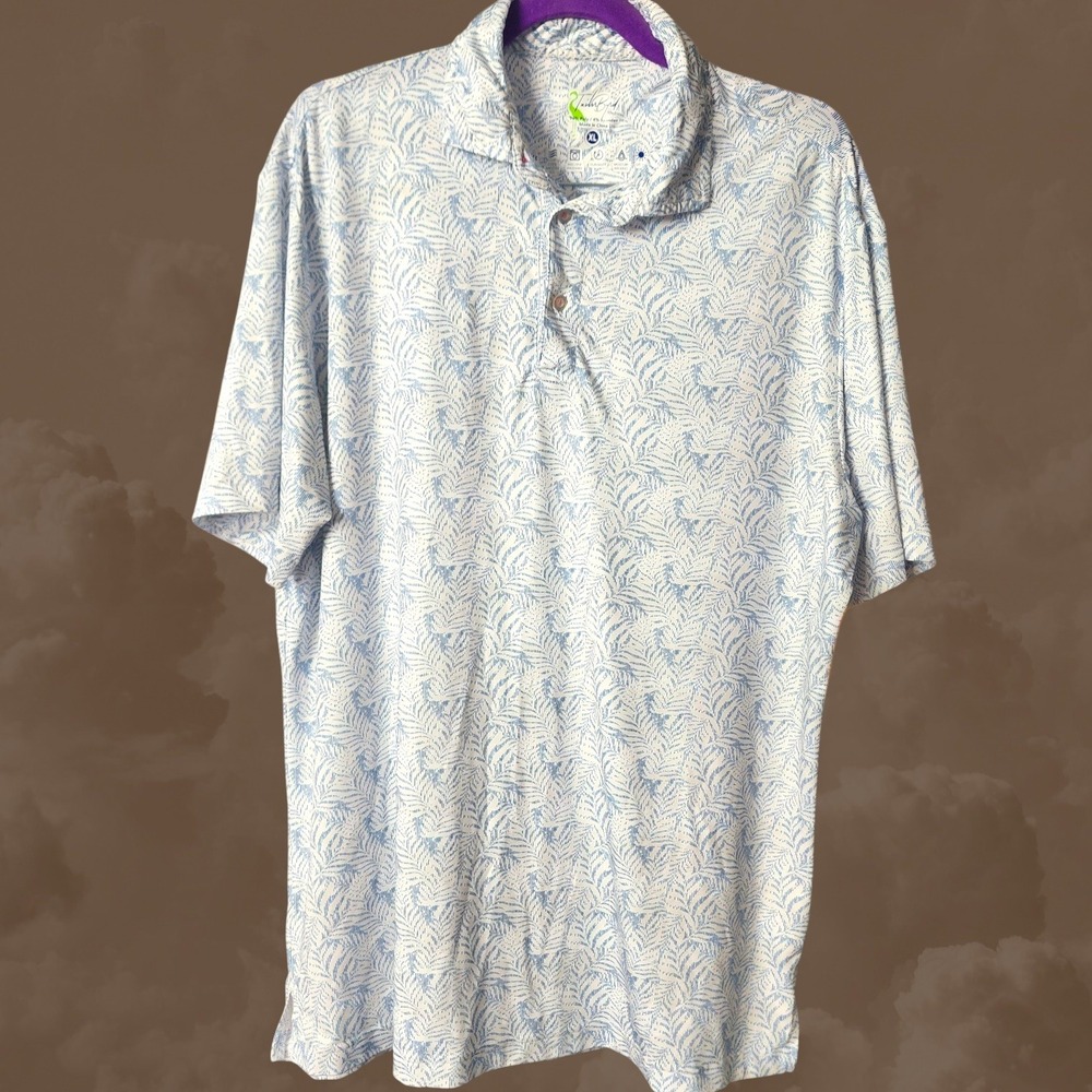 TailorByrd Men's Polo Shirt XL Blue White‎ Palm Print Performance Golf SPF 30